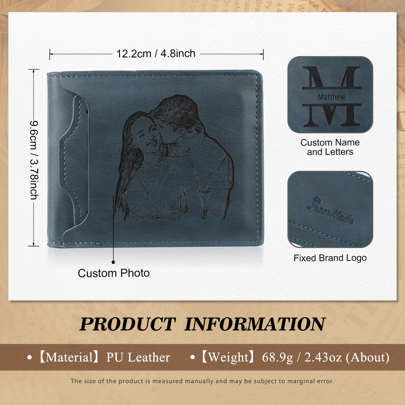 Personalized Men Leather Wallet Custom 1 Letter & 1 Text & 1 Photo Folding Wallet Gifts for Him