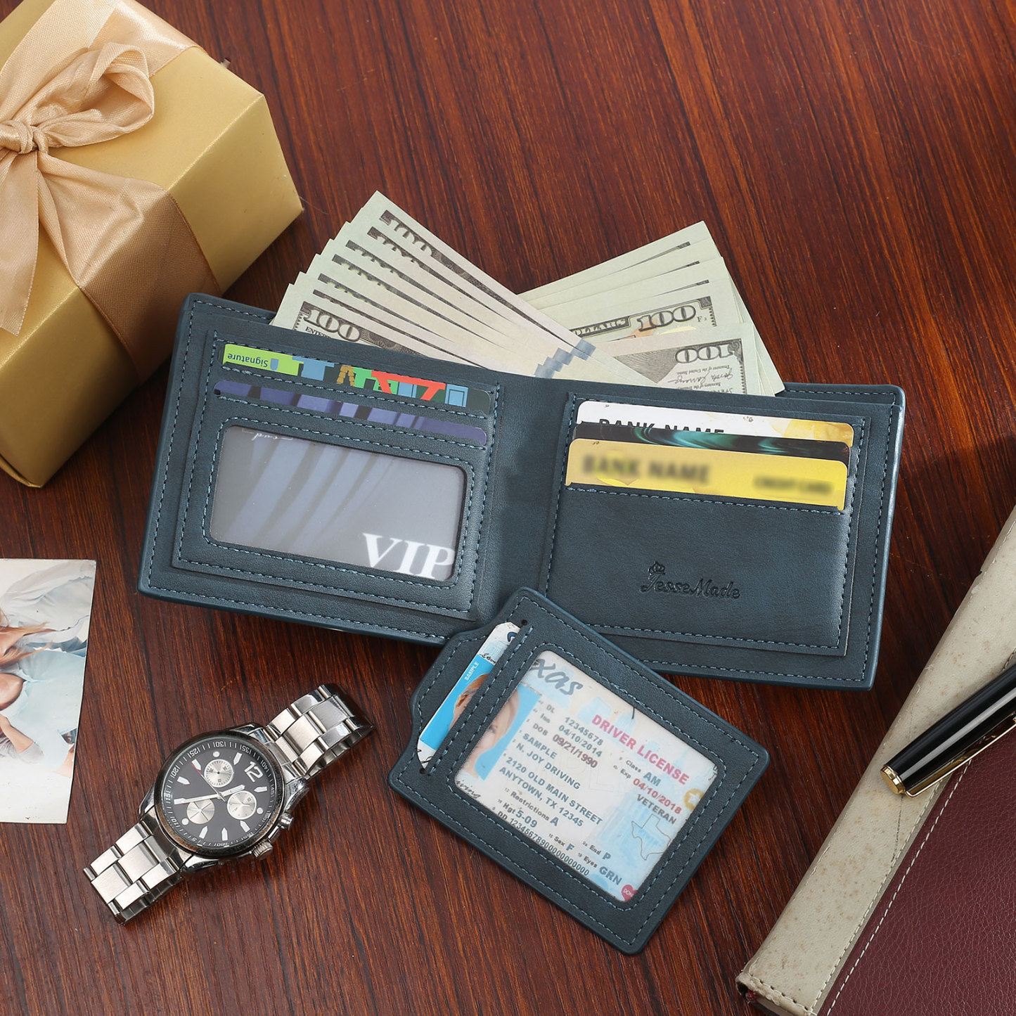 Personalized Men Leather Wallet Custom 1 Letter & 1 Text & 1 Photo Folding Wallet Gifts for Him