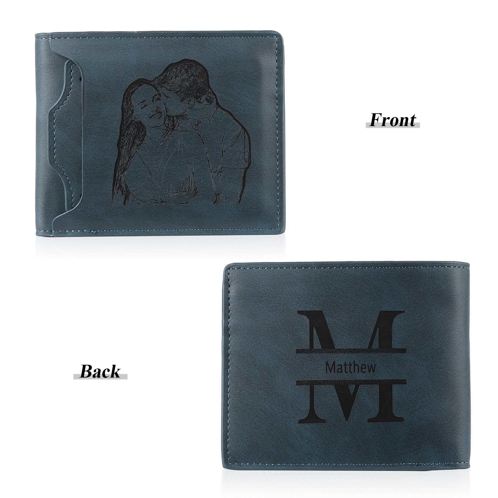Personalized Men Leather Wallet Custom 1 Letter & 1 Text & 1 Photo Folding Wallet Gifts for Him