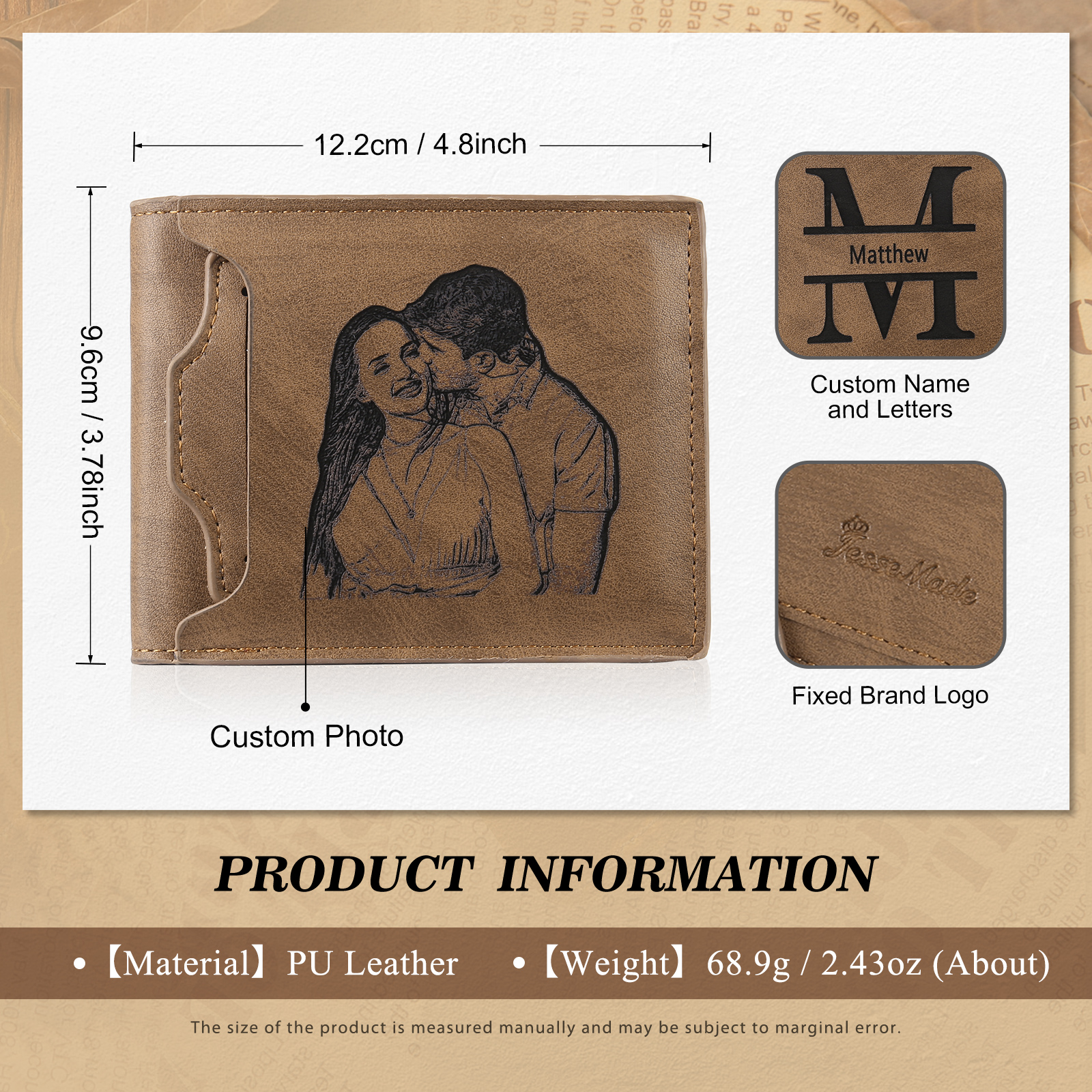 Personalized Men Leather Wallet Custom 1 Letter & 1 Text & 1 Photo Folding Wallet Gifts for Him