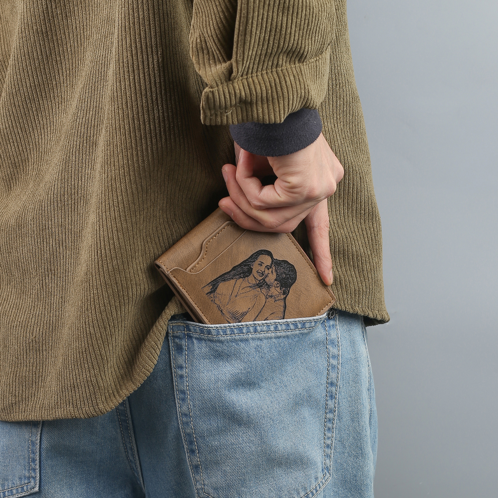 Personalized Men Leather Wallet Custom 1 Letter & 1 Text & 1 Photo Folding Wallet Gifts for Him