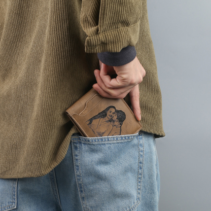 Personalized Men Leather Wallet Custom 1 Letter & 1 Text & 1 Photo Folding Wallet Gifts for Him