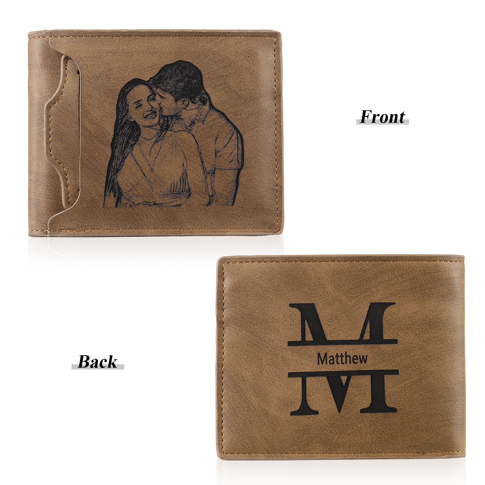 Personalized Men Leather Wallet Custom 1 Letter & 1 Text & 1 Photo Folding Wallet Gifts for Him