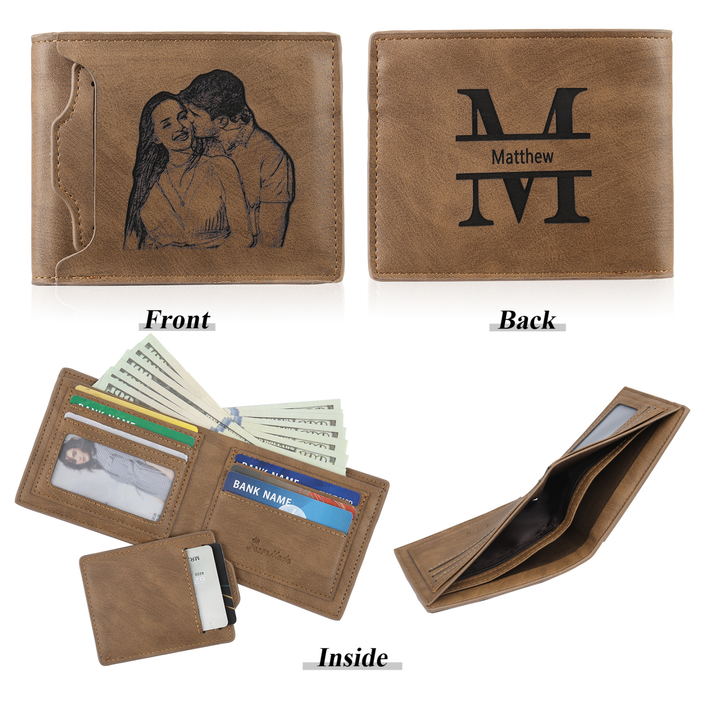 Personalized Men Leather Wallet Custom 1 Letter & 1 Text & 1 Photo Folding Wallet Gifts for Him