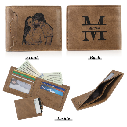 Personalized Men Leather Wallet Custom 1 Letter & 1 Text & 1 Photo Folding Wallet Gifts for Him