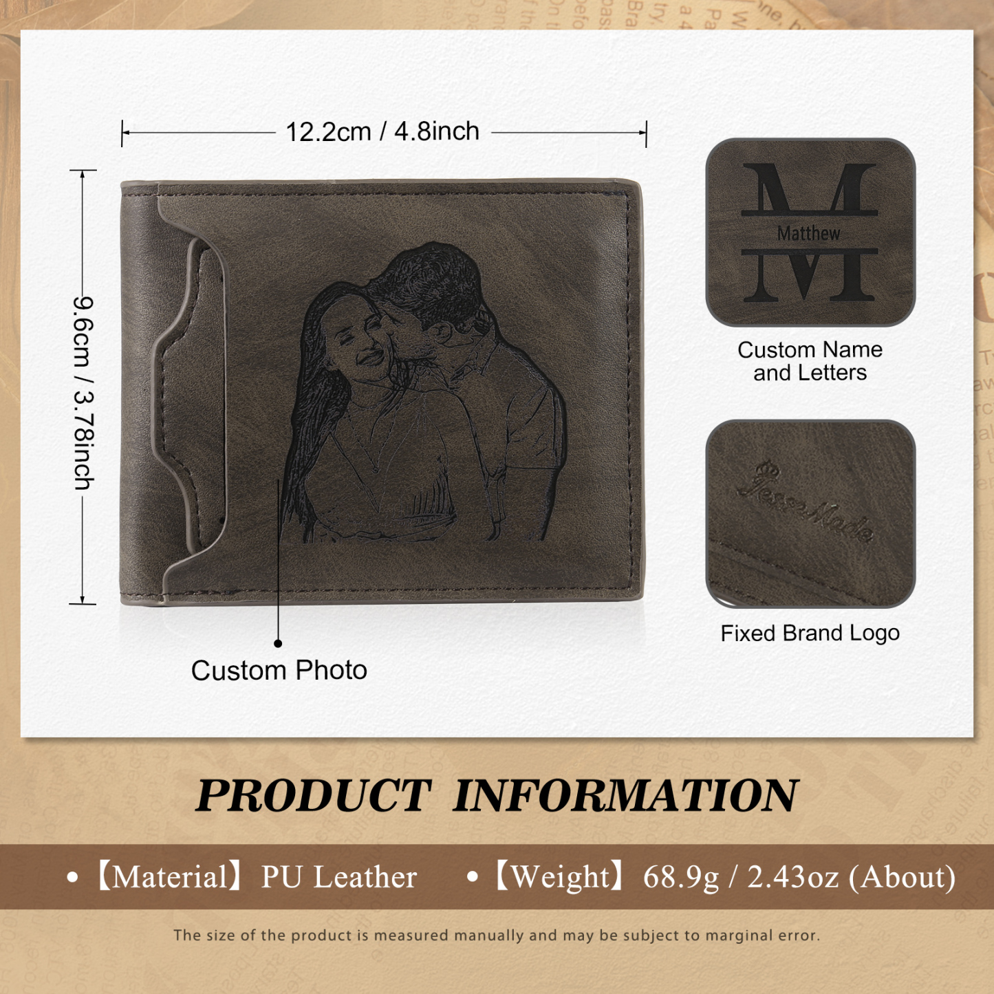 Personalized Men Leather Wallet Custom 1 Letter & 1 Text & 1 Photo Folding Wallet Gifts for Him