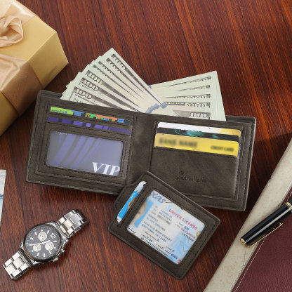 Personalized Men Leather Wallet Custom 1 Letter & 1 Text & 1 Photo Folding Wallet Gifts for Him