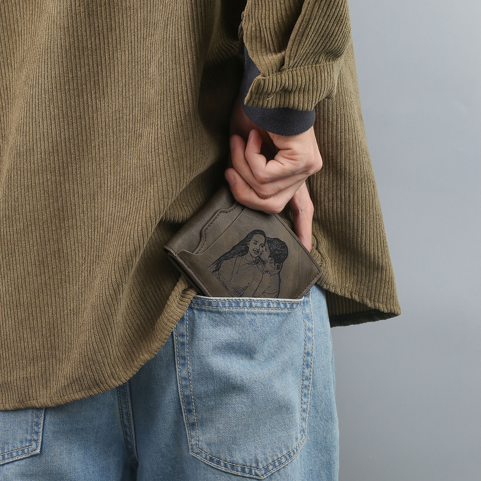 Personalized Men Leather Wallet Custom 1 Letter & 1 Text & 1 Photo Folding Wallet Gifts for Him