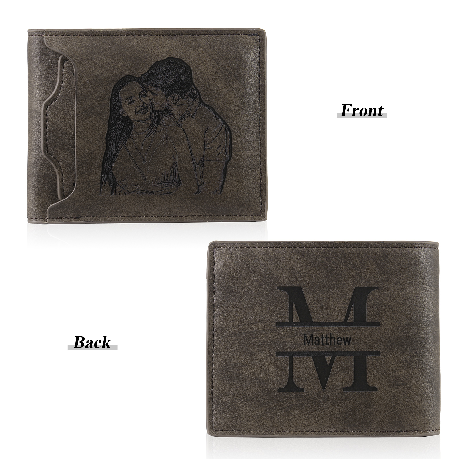 Personalized Men Leather Wallet Custom 1 Letter & 1 Text & 1 Photo Folding Wallet Gifts for Him