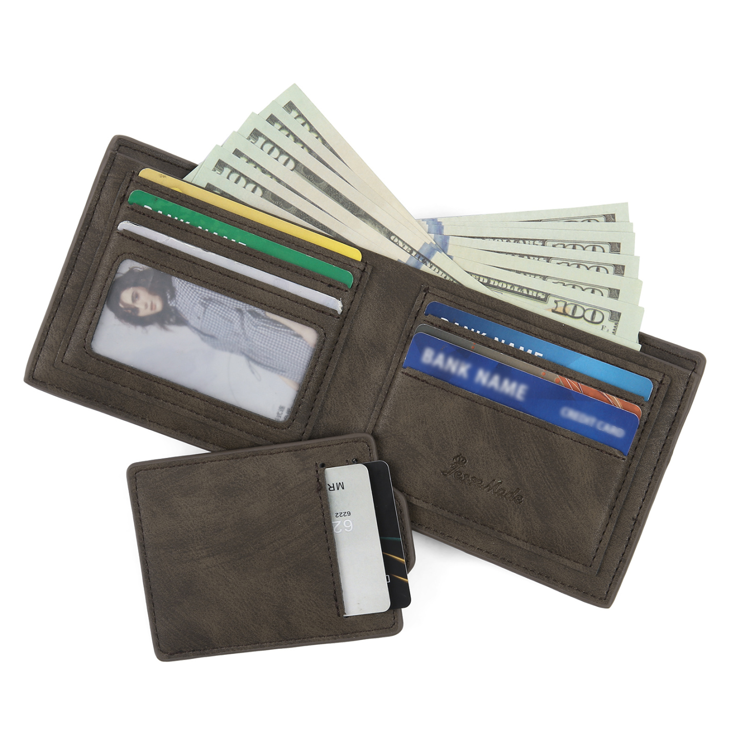 Personalized Men Leather Wallet Custom 1 Letter & 1 Text & 1 Photo Folding Wallet Gifts for Him