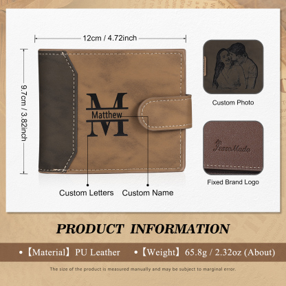 Personalized Men's Leather Wallet Custom 1 Letter & 1 Text & 1 Photo Folding Wallet Christmas Gifts for Him