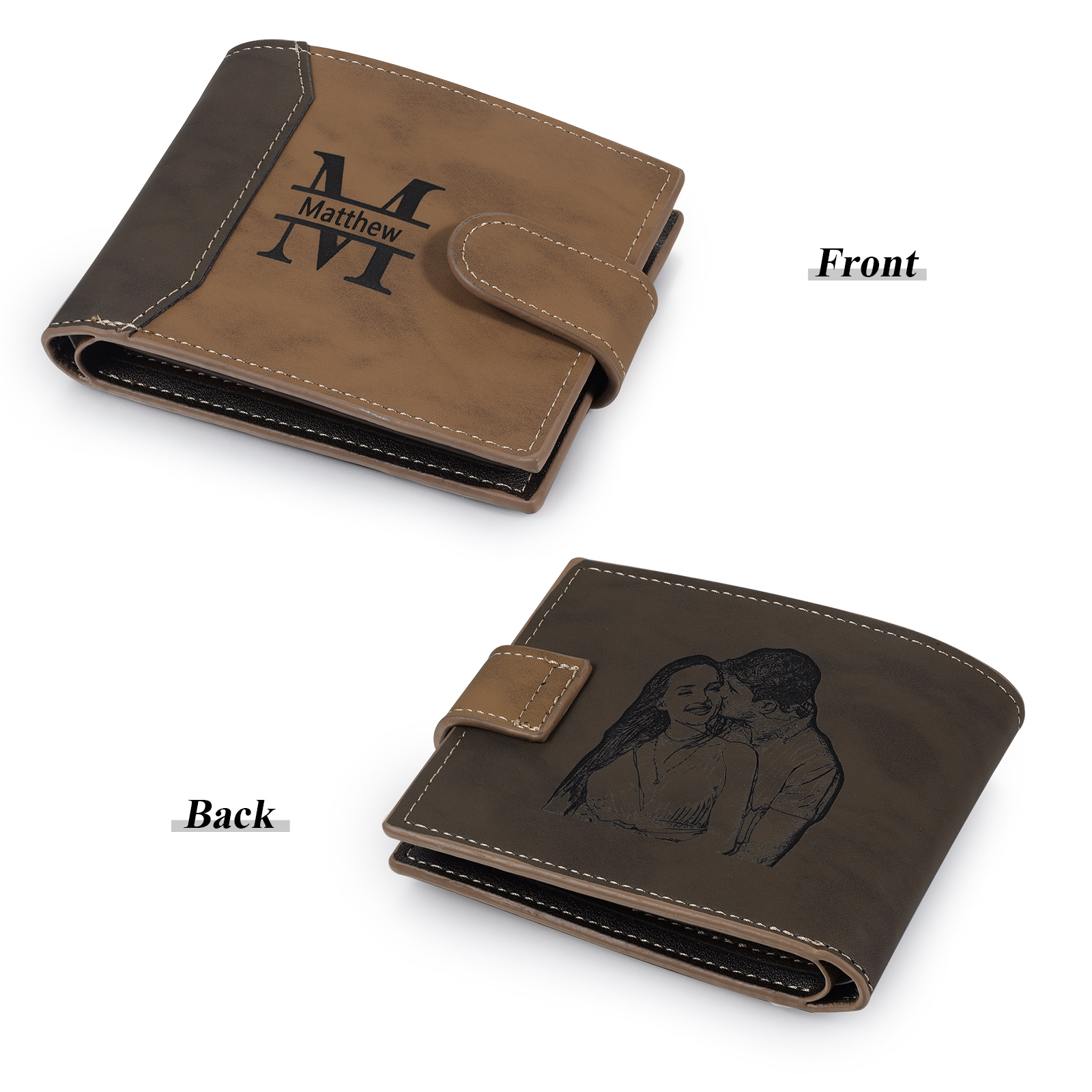 Personalized Men's Leather Wallet Custom 1 Letter & 1 Text & 1 Photo Folding Wallet Christmas Gifts for Him