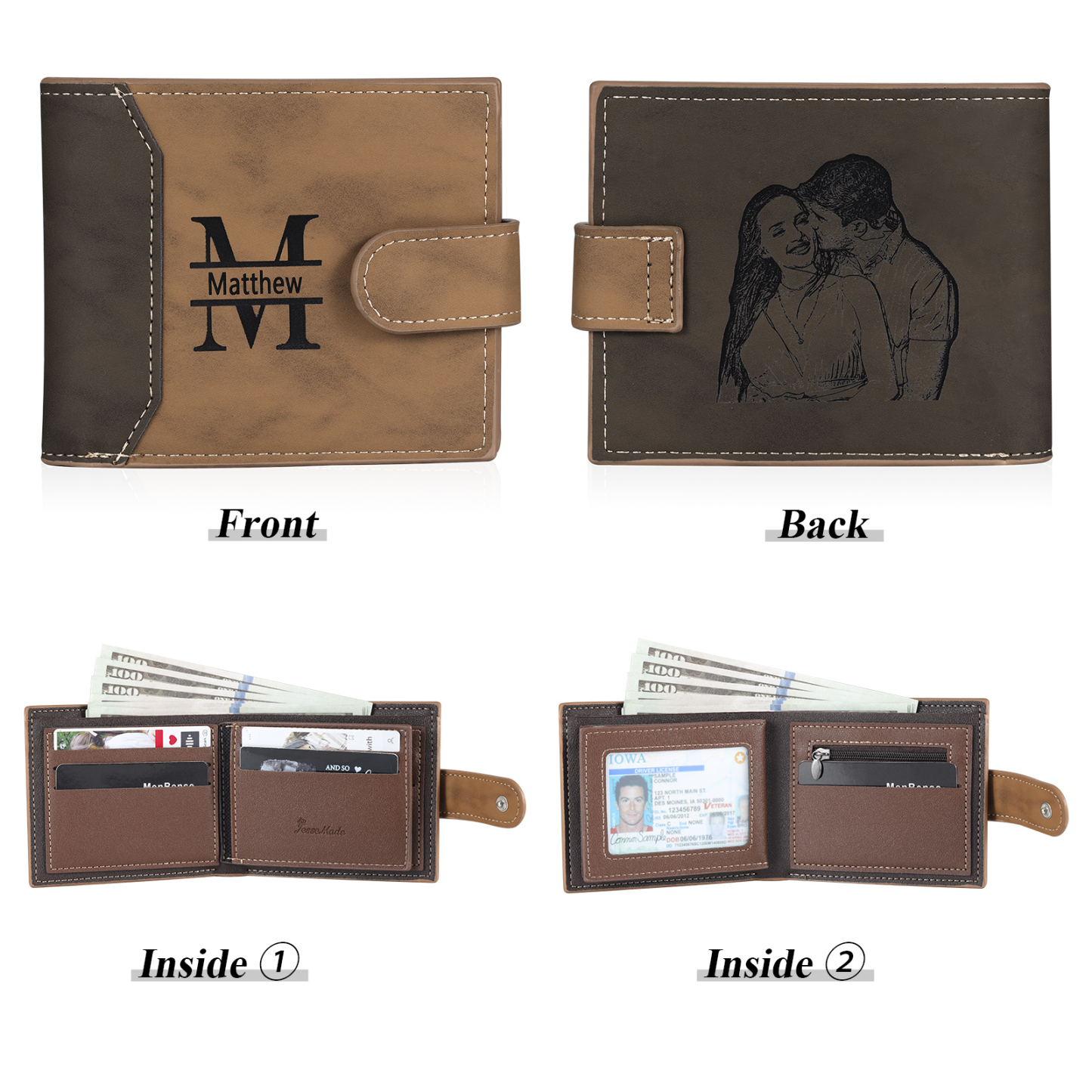 Personalized Men's Leather Wallet Custom 1 Letter & 1 Text & 1 Photo Folding Wallet Christmas Gifts for Him