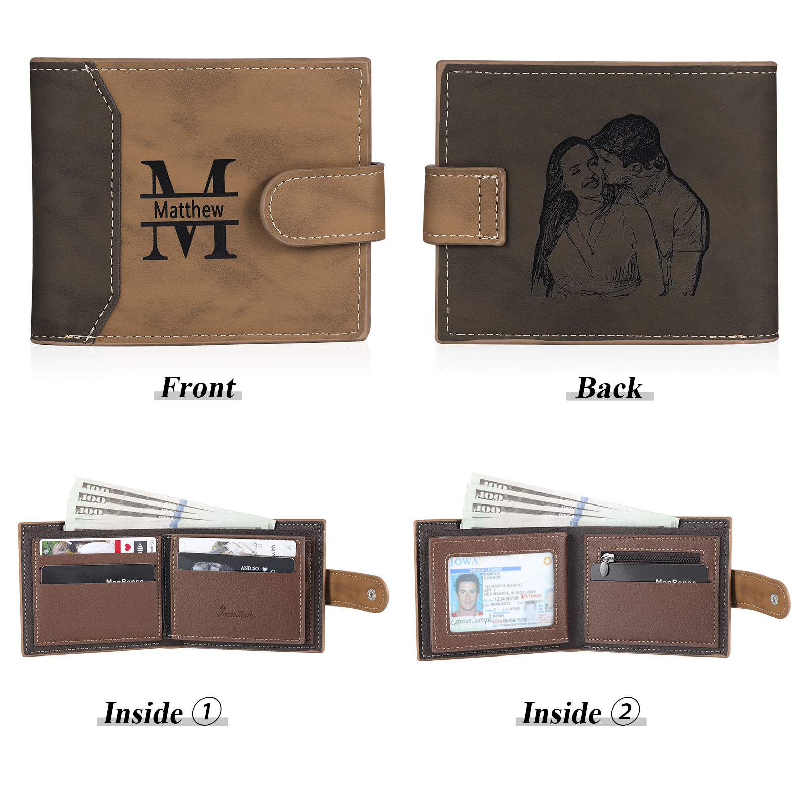 Personalized Men's Leather Wallet Custom 1 Letter & 1 Text & 1 Photo Folding Wallet Christmas Gifts for Him