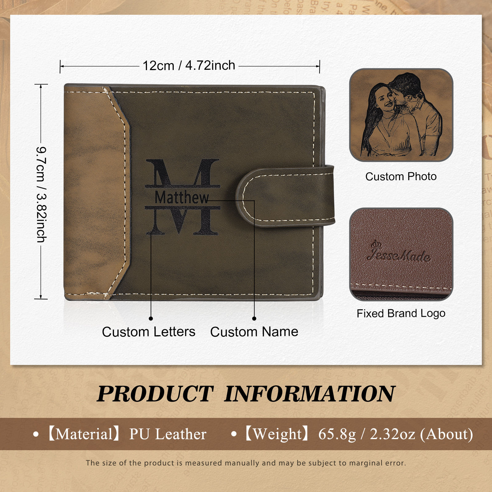 Personalized Men's Leather Wallet Custom 1 Letter & 1 Text & 1 Photo Folding Wallet Christmas Gifts for Him