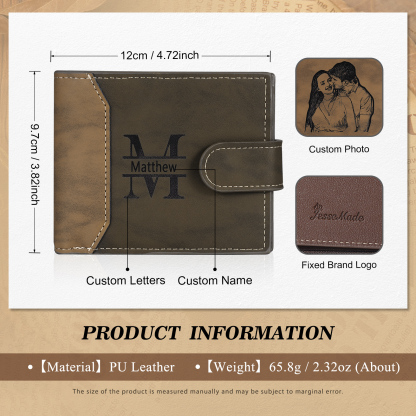 Personalized Men's Leather Wallet Custom 1 Letter & 1 Text & 1 Photo Folding Wallet Christmas Gifts for Him