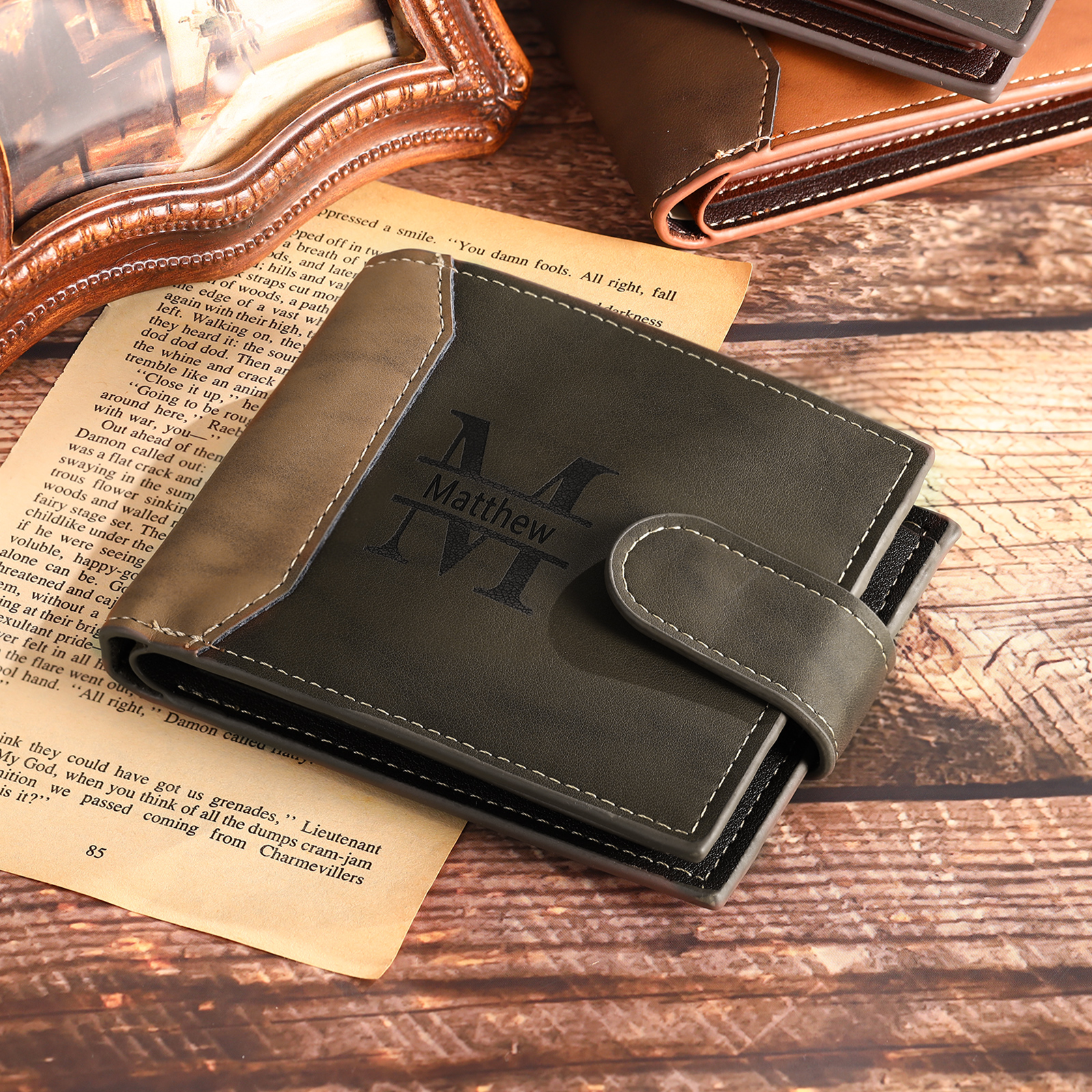 Personalized Men's Leather Wallet Custom 1 Letter & 1 Text & 1 Photo Folding Wallet Christmas Gifts for Him