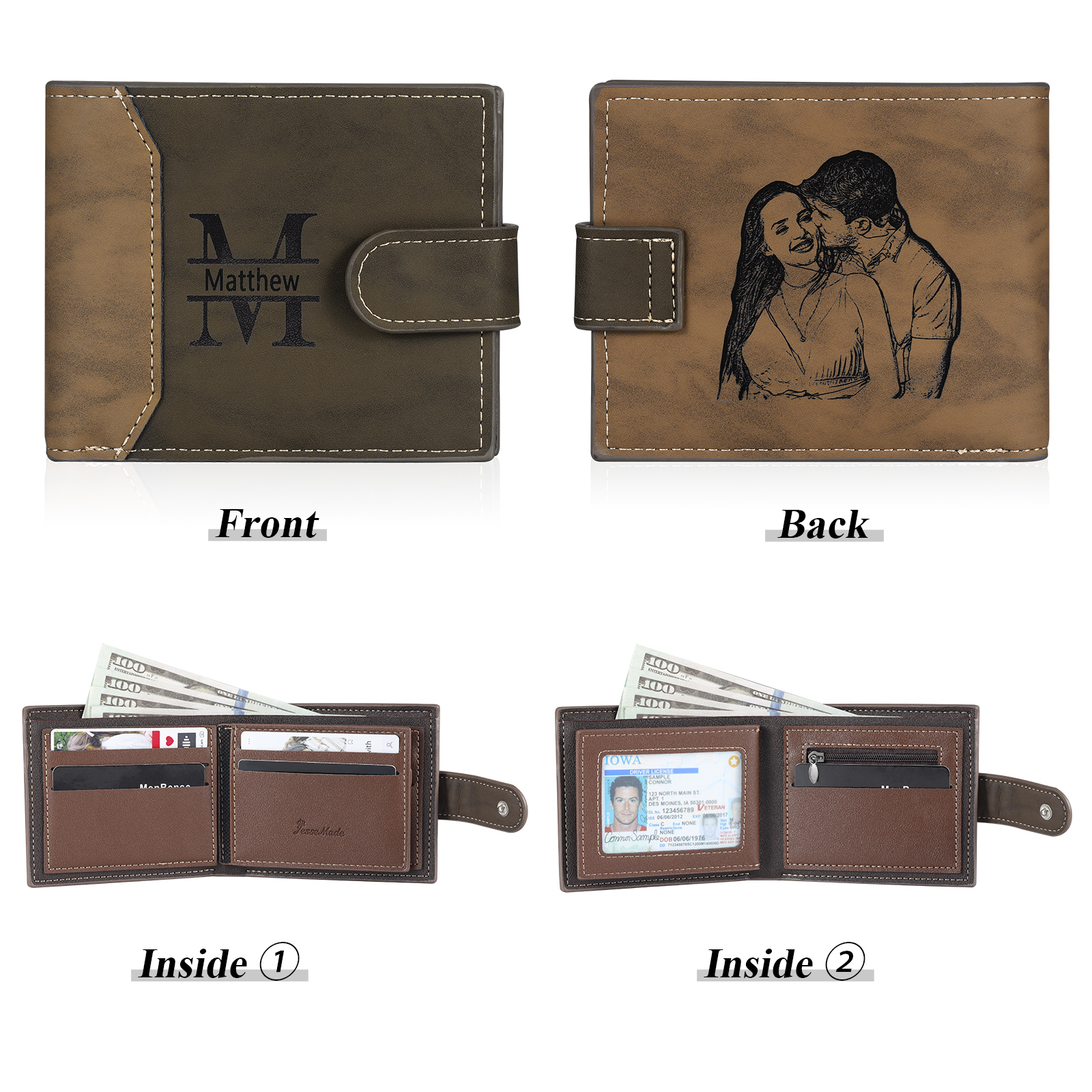 Personalized Men's Leather Wallet Custom 1 Letter & 1 Text & 1 Photo Folding Wallet Christmas Gifts for Him
