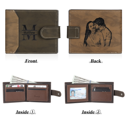 Personalized Men's Leather Wallet Custom 1 Letter & 1 Text & 1 Photo Folding Wallet Christmas Gifts for Him