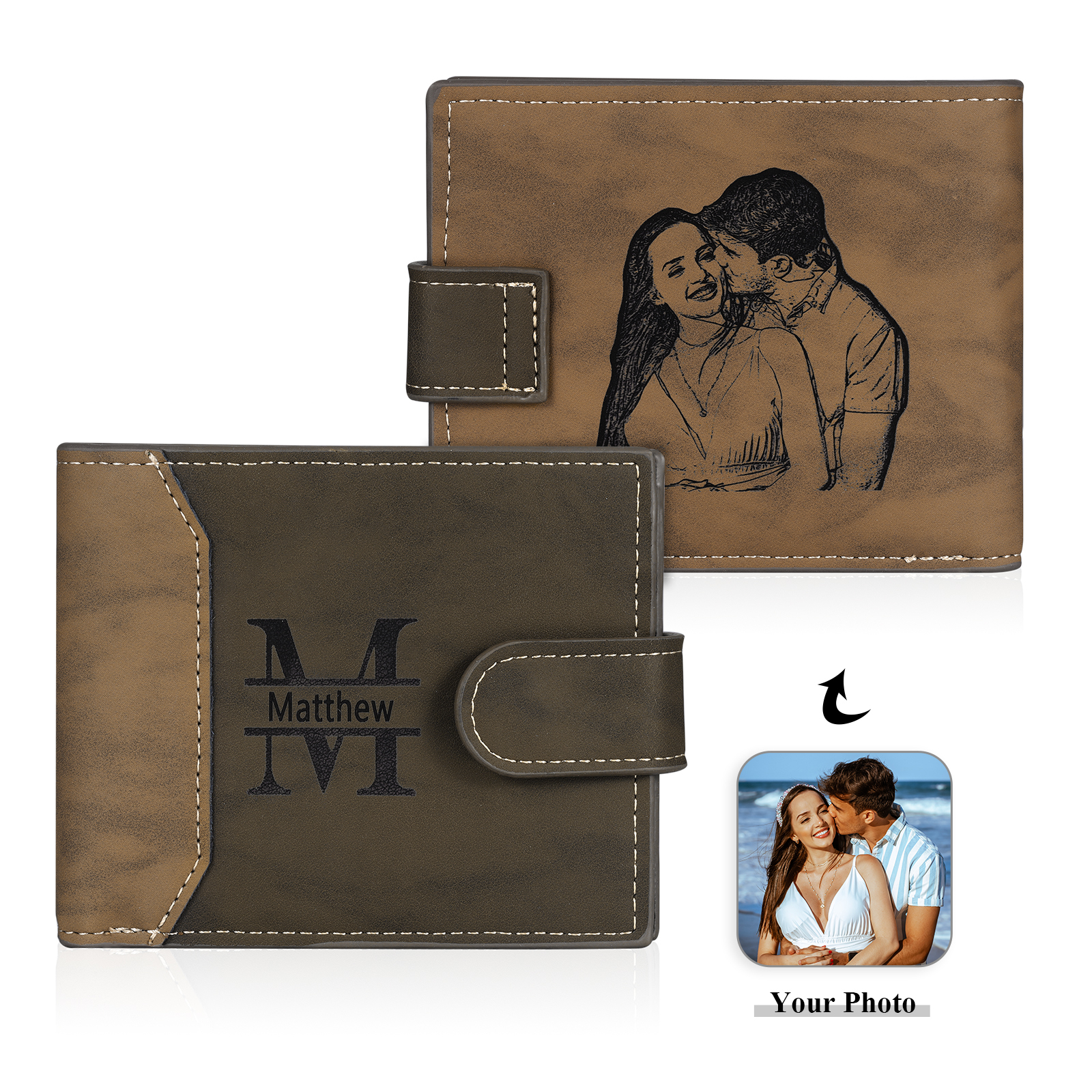 Personalized Men's Leather Wallet Custom 1 Letter & 1 Text & 1 Photo Folding Wallet Christmas Gifts for Him