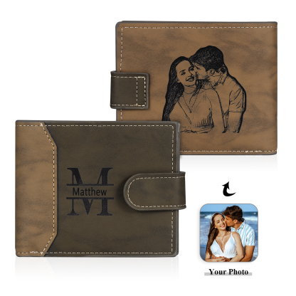 Personalized Men's Leather Wallet Custom 1 Letter & 1 Text & 1 Photo Folding Wallet Christmas Gifts for Him