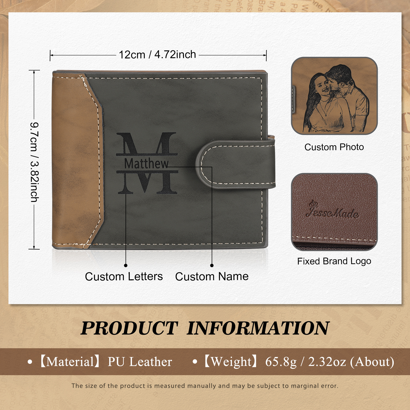 Personalized Men's Leather Wallet Custom 1 Letter & 1 Text & 1 Photo Folding Wallet Christmas Gifts for Him
