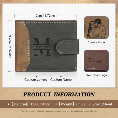 Personalized Men's Leather Wallet Custom 1 Letter & 1 Text & 1 Photo Folding Wallet Christmas Gifts for Him