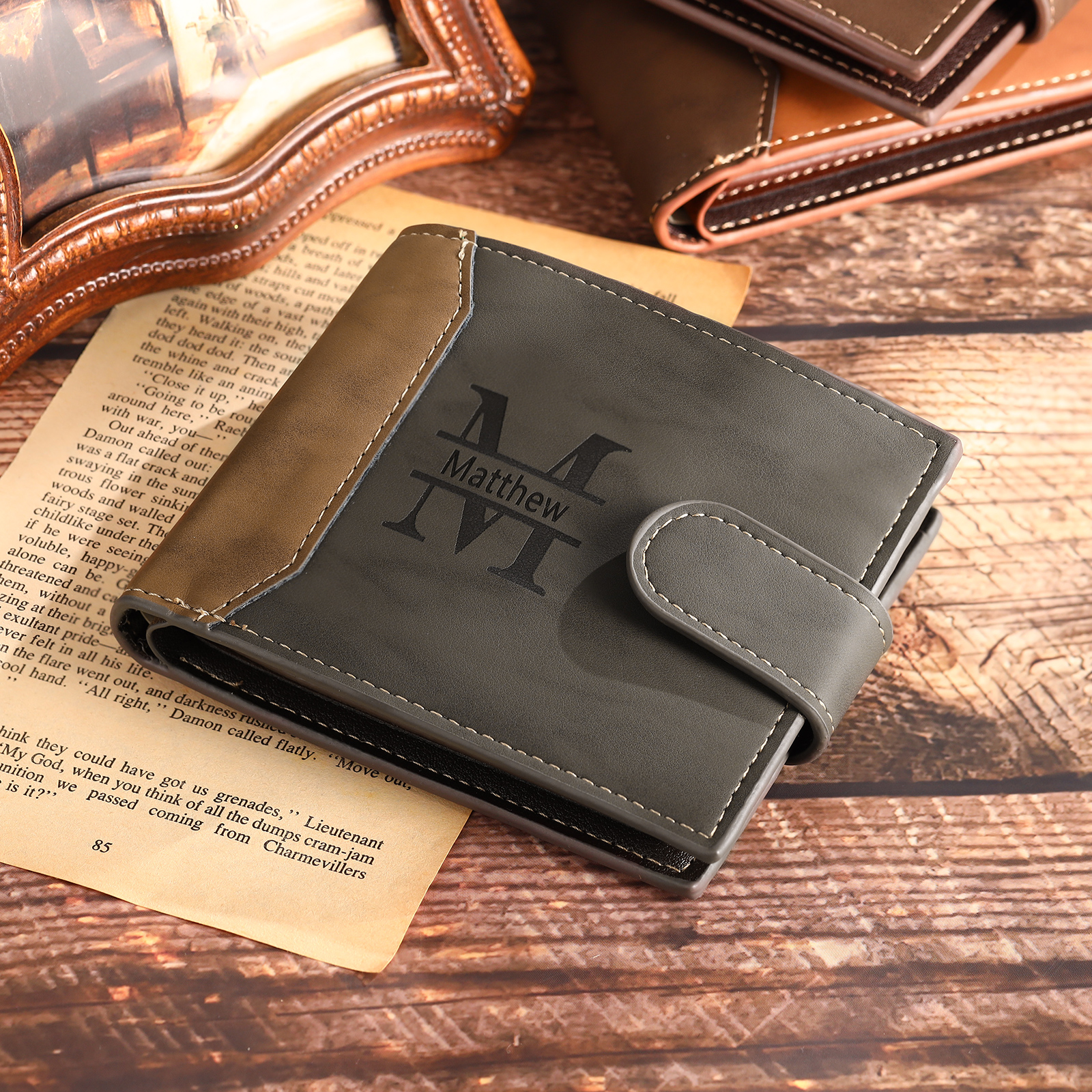 Personalized Men's Leather Wallet Custom 1 Letter & 1 Text & 1 Photo Folding Wallet Christmas Gifts for Him