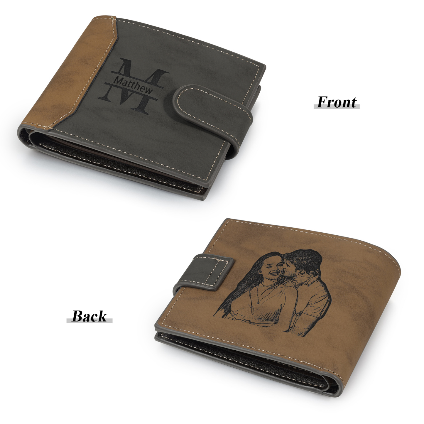 Personalized Men's Leather Wallet Custom 1 Letter & 1 Text & 1 Photo Folding Wallet Christmas Gifts for Him