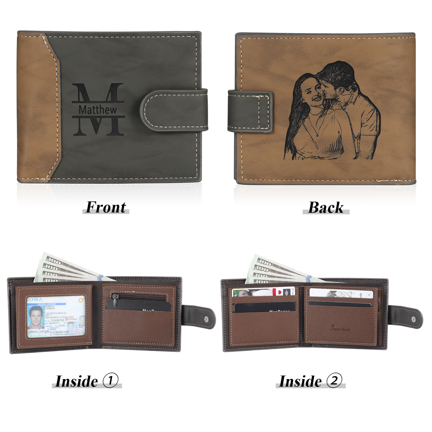 Personalized Men's Leather Wallet Custom 1 Letter & 1 Text & 1 Photo Folding Wallet Christmas Gifts for Him