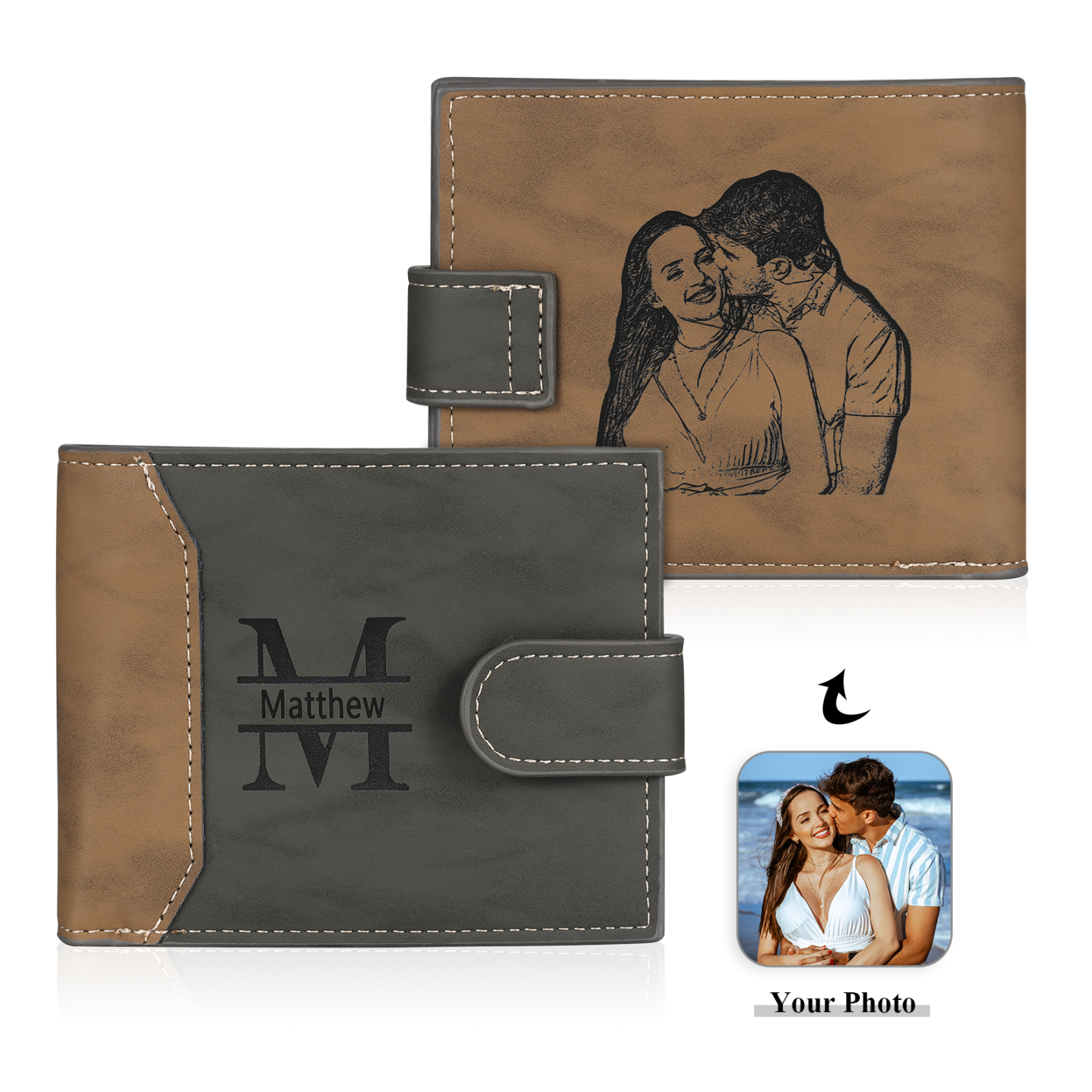 Personalized Men's Leather Wallet Custom 1 Letter & 1 Text & 1 Photo F