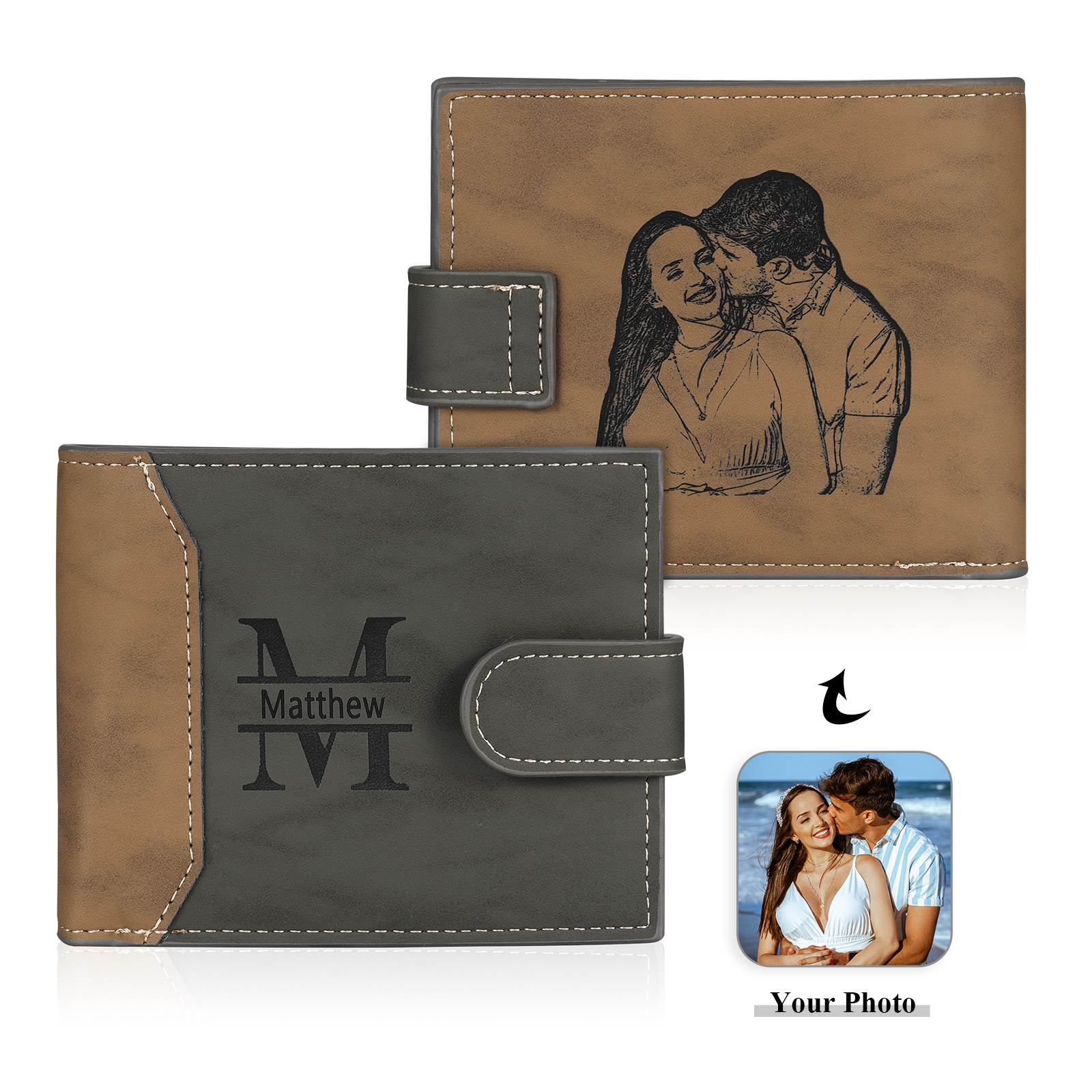 Personalized Men's Leather Wallet Custom 1 Letter & 1 Text & 1 Photo F