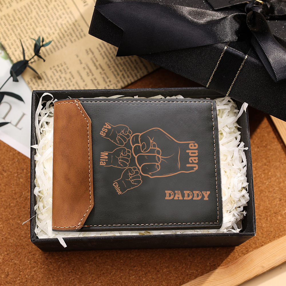  2–9 Names Personalized Men's Leather Wallet Handcrafted in the USA-Custom Engraved 1 Text Billfold Wallet Fist Bump Gift for Dad/Grandpa