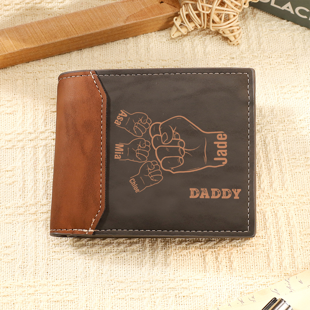 Personalized Men's Leather Wallet Custom 2–9 Names Engraved 1 Text Billfold Wallet Fist Bump Gift for Dad/Grandpa