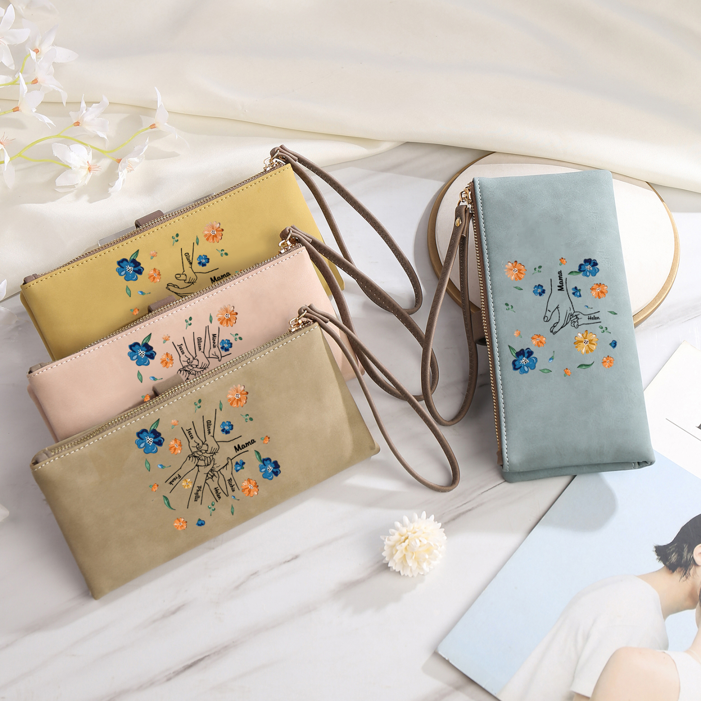 Personalised 2 Names PU Leather Wallet, Custom Long Wallet Gift For Her | Jessemade