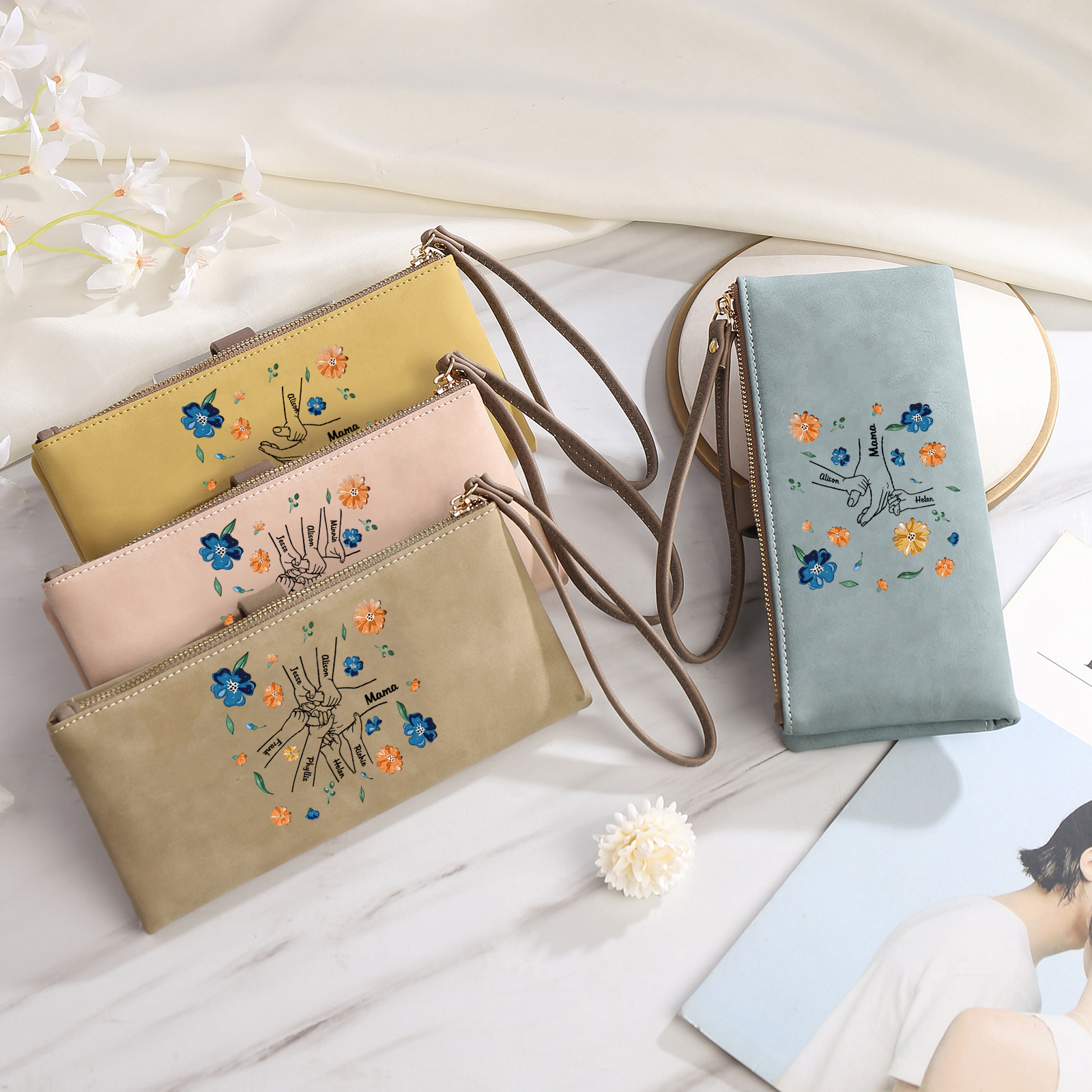 Personalised 3 Names PU Leather Wallet, Custom Long Wallet Gift For Her | Jessemade