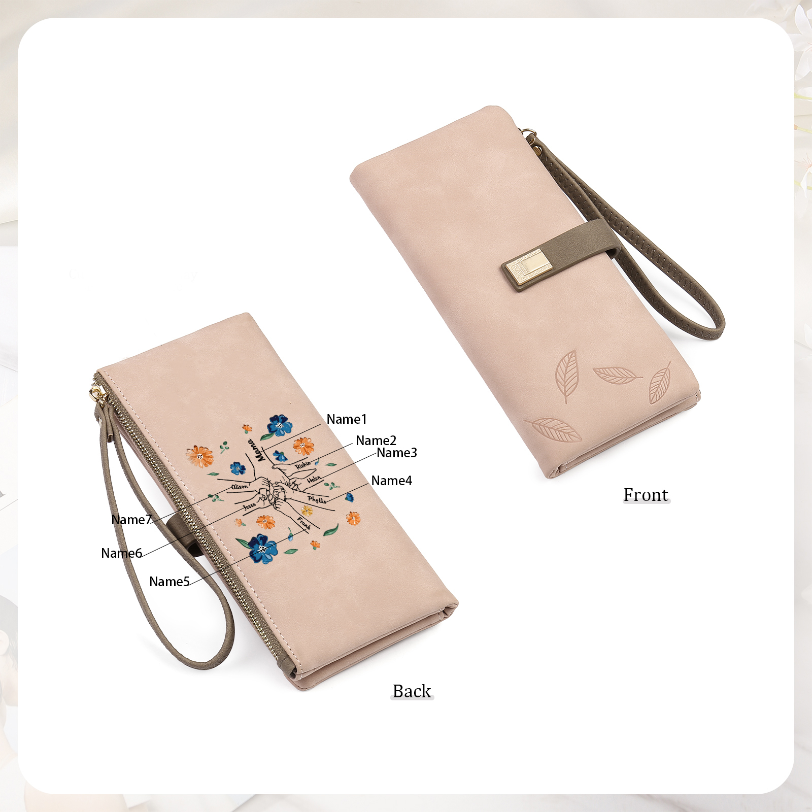 Personalised 7 Names PU Leather Wallet, Custom Long Wallet Gift For Her | Jessemade