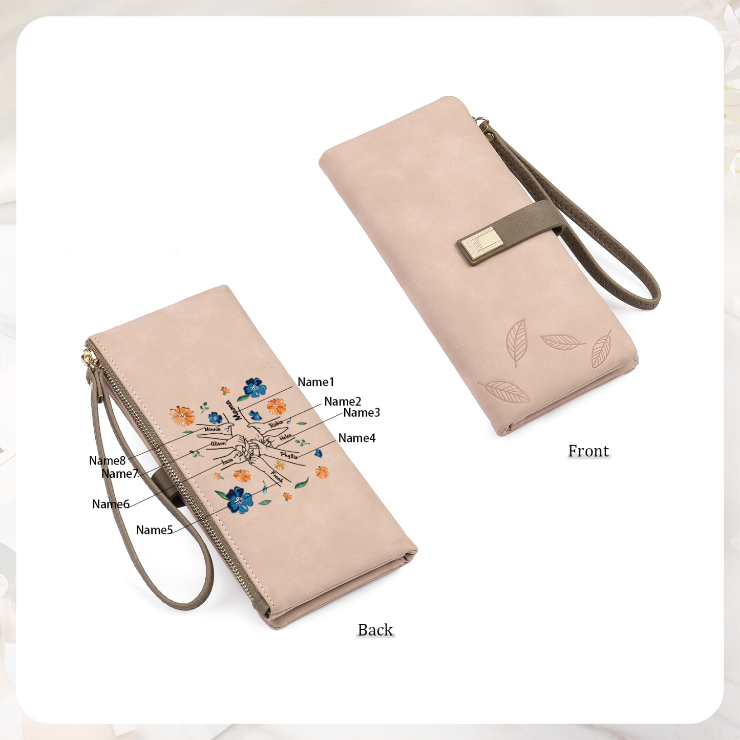 Personalised 8 Names PU Leather Wallet, Custom Long Wallet Gift For Her | Jessemade