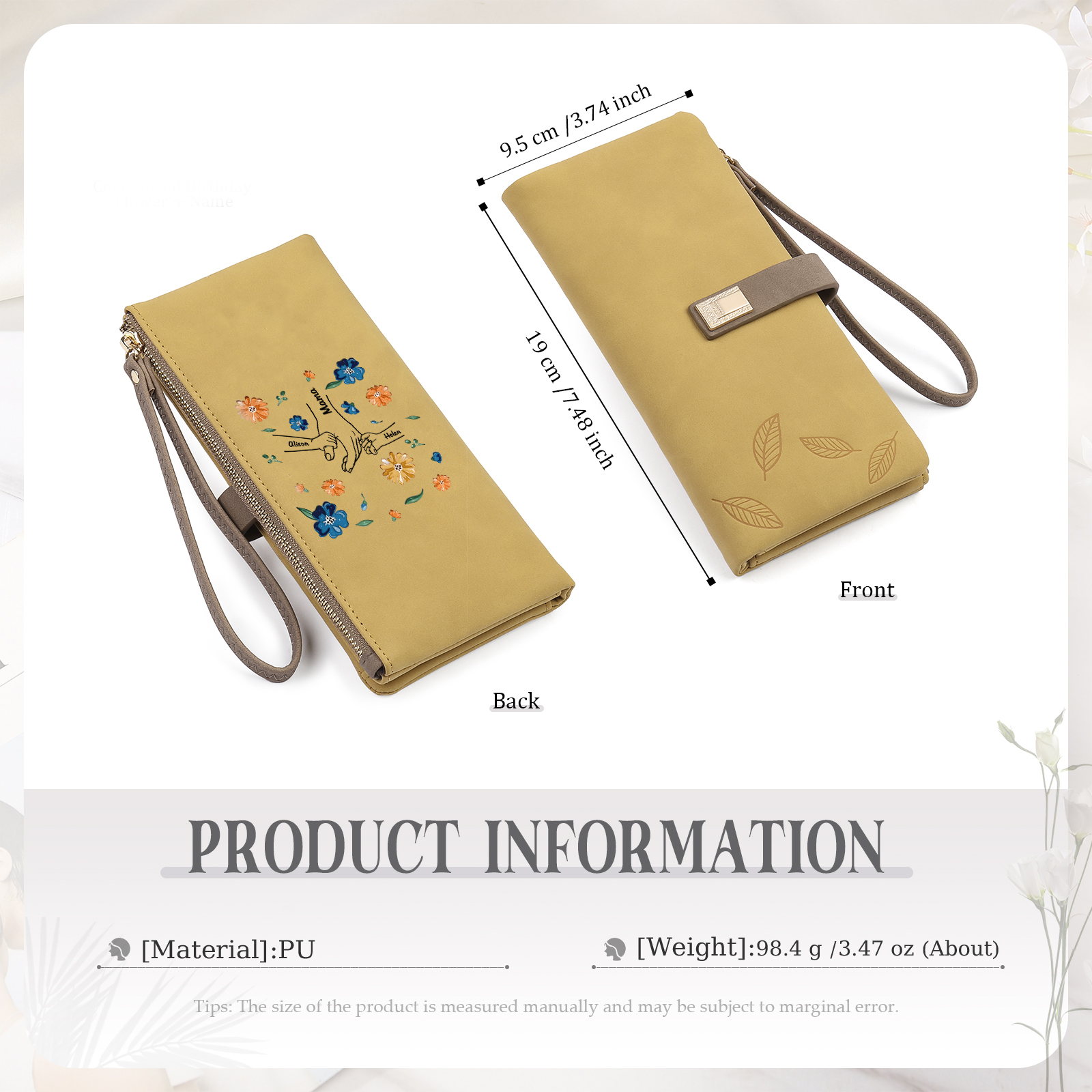 Personalised 3 Names PU Leather Wallet, Custom Long Wallet Gift For Her | Jessemade