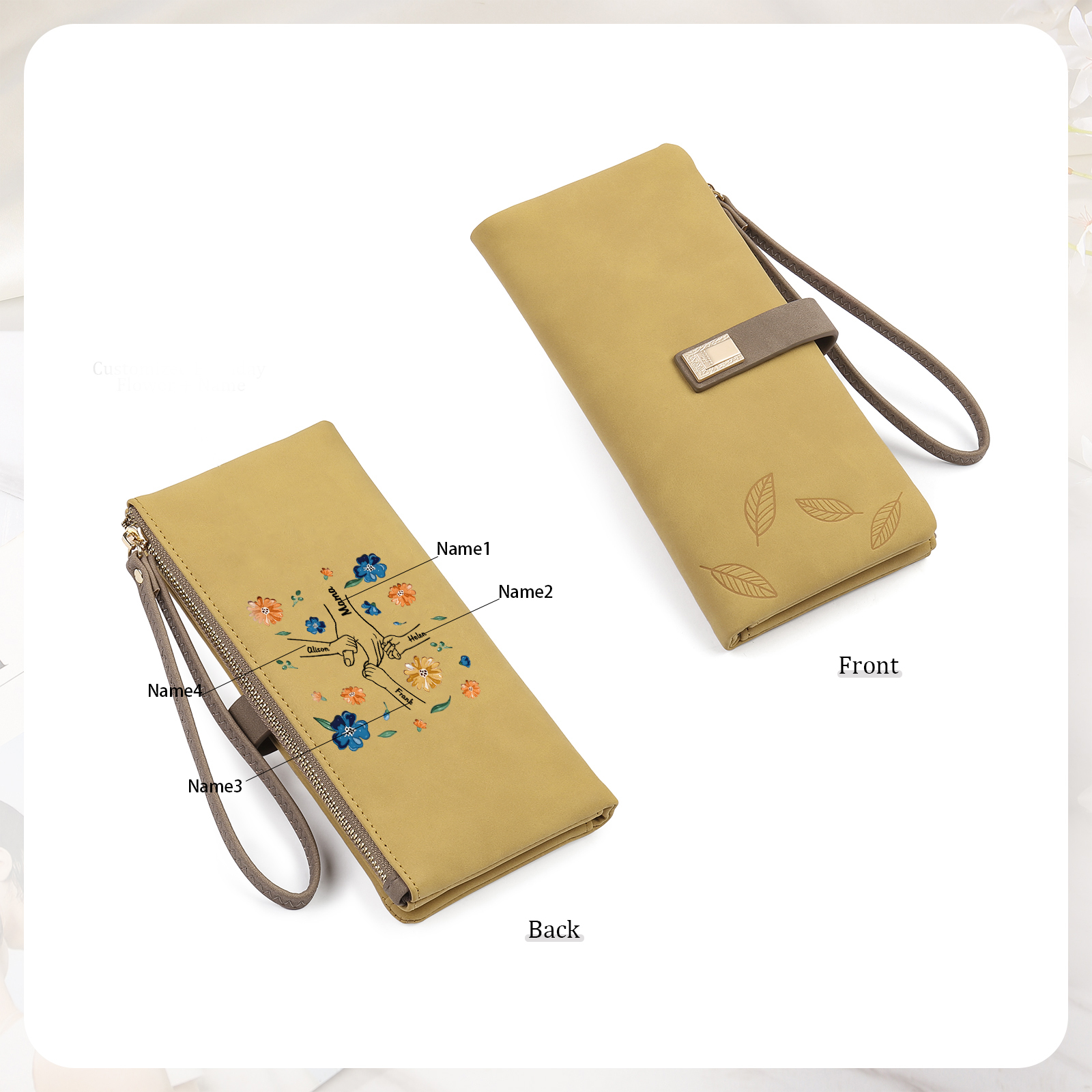 Personalised 4 Names PU Leather Wallet, Custom Long Wallet Gift For Her | Jessemade