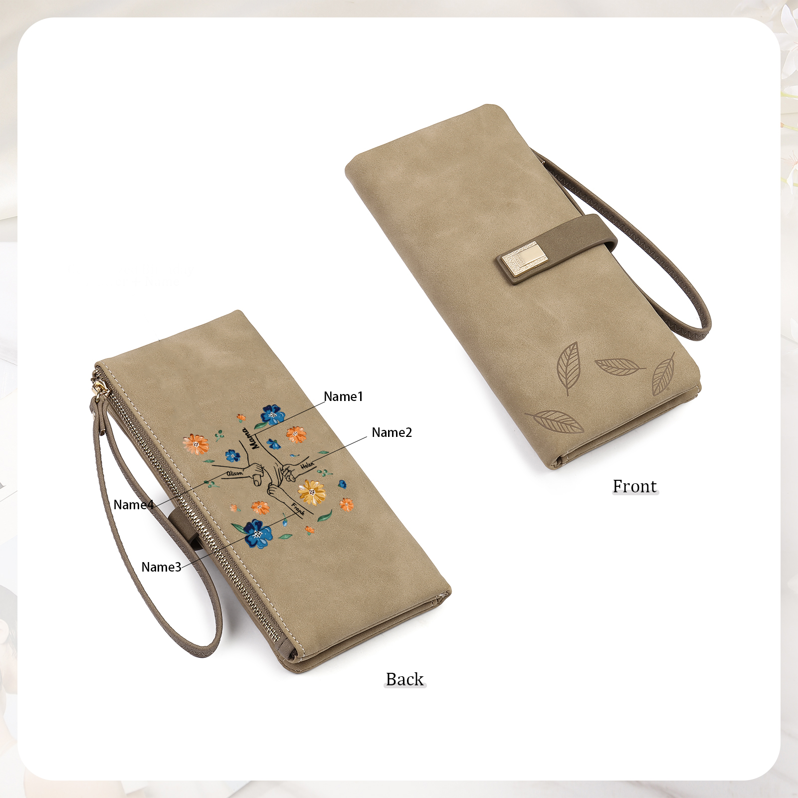 Personalised 4 Names PU Leather Wallet, Custom Long Wallet Gift For Her | Jessemade