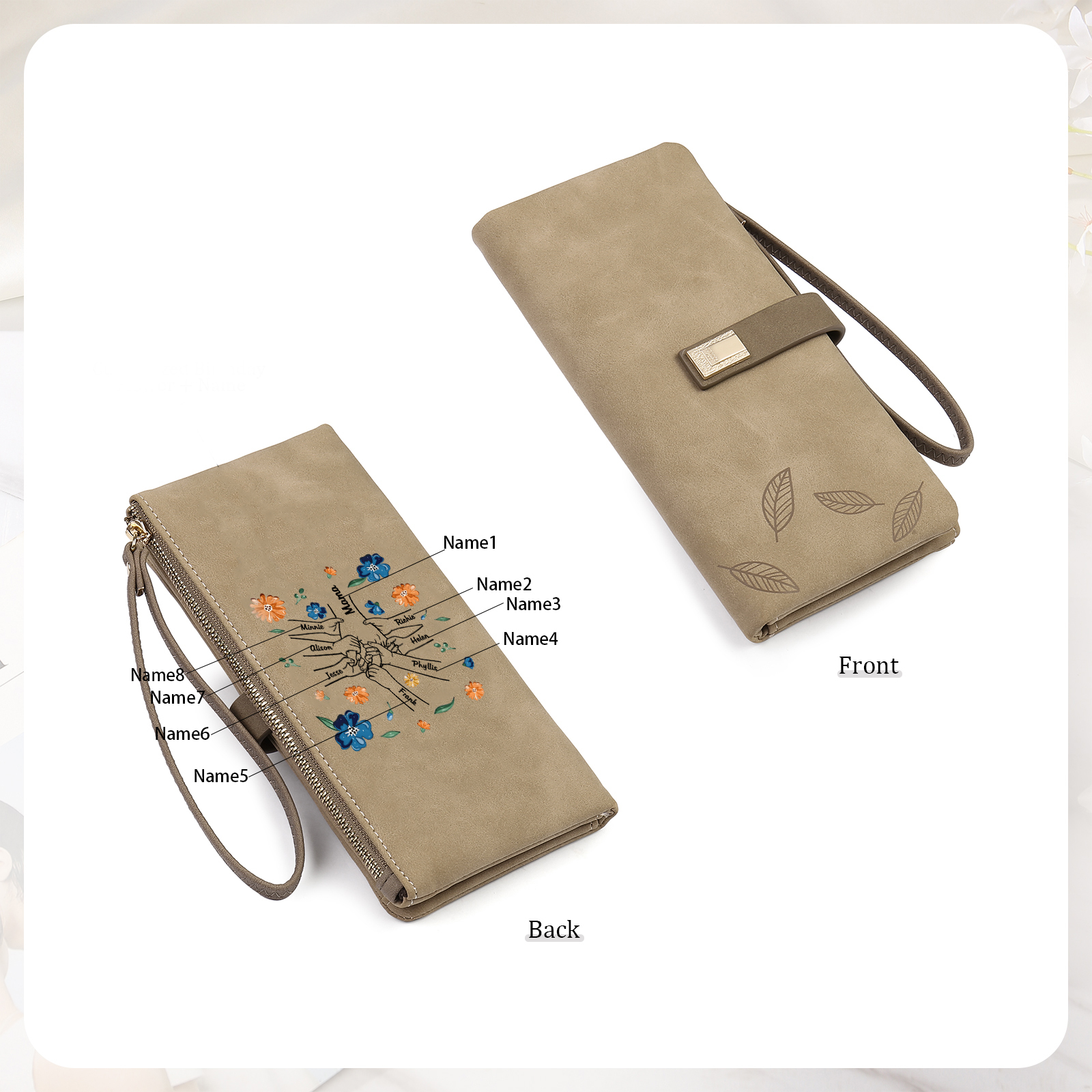 Personalised 8 Names PU Leather Wallet, Custom Long Wallet Gift For Her | Jessemade