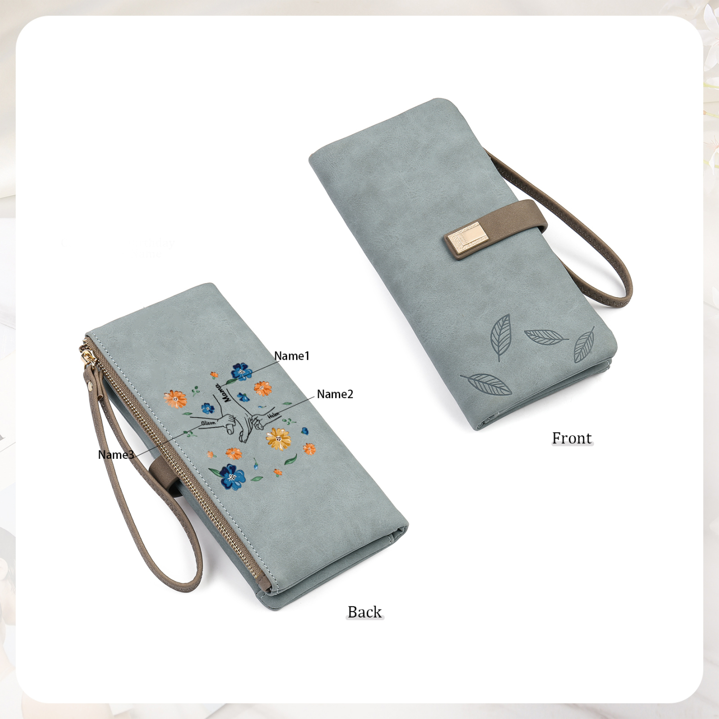 Personalised 3 Names PU Leather Wallet, Custom Long Wallet Gift For Her | Jessemade