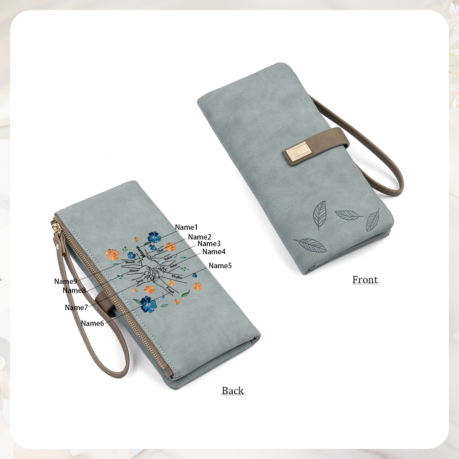 Personalised 9 Names PU Leather Wallet, Custom Long Wallet Gift For Her | Jessemade