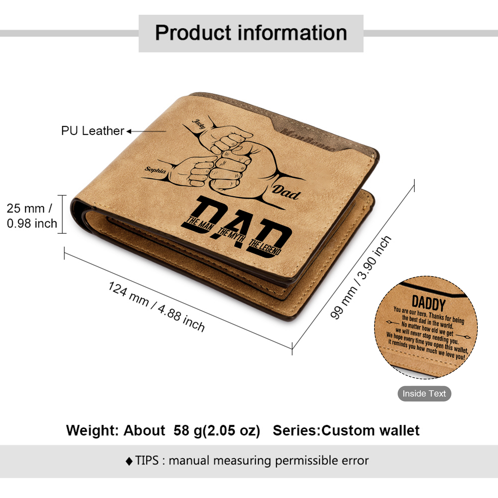 3 Names - Personalized Fist Bump Pattern Custom Name Leather Men's Wallet as a Father's Day Gift for Dad
