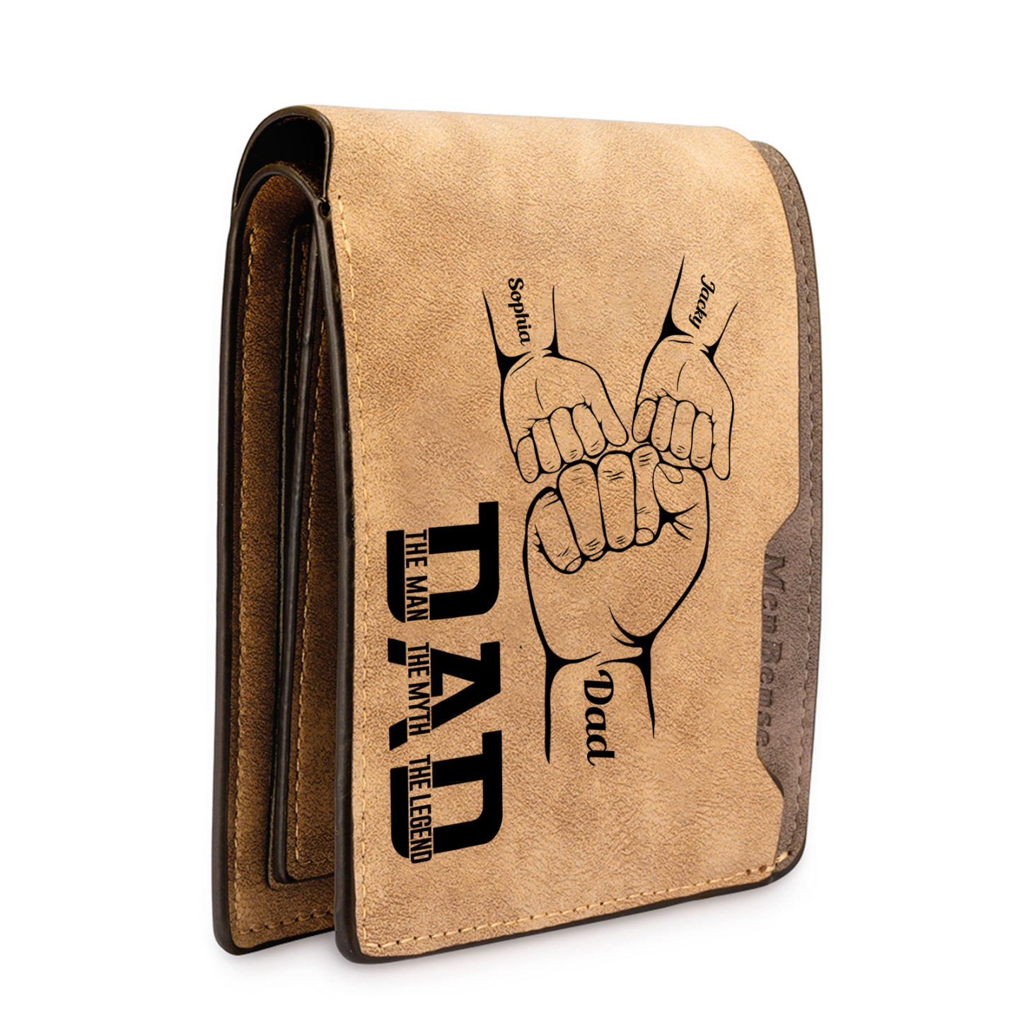 3 Names - Personalized Fist Bump Pattern Custom Name Leather Men's Wallet as a Father's Day Gift for Dad