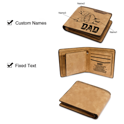 3 Names - Personalized Fist Bump Pattern Custom Name Leather Men's Wallet as a Father's Day Gift for Dad