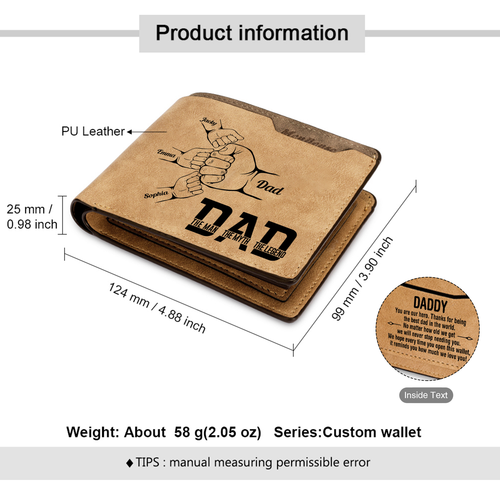 4 Names - Personalized Fist Bump Pattern Custom Name Leather Men's Wallet as a Father's Day Gift for Dad