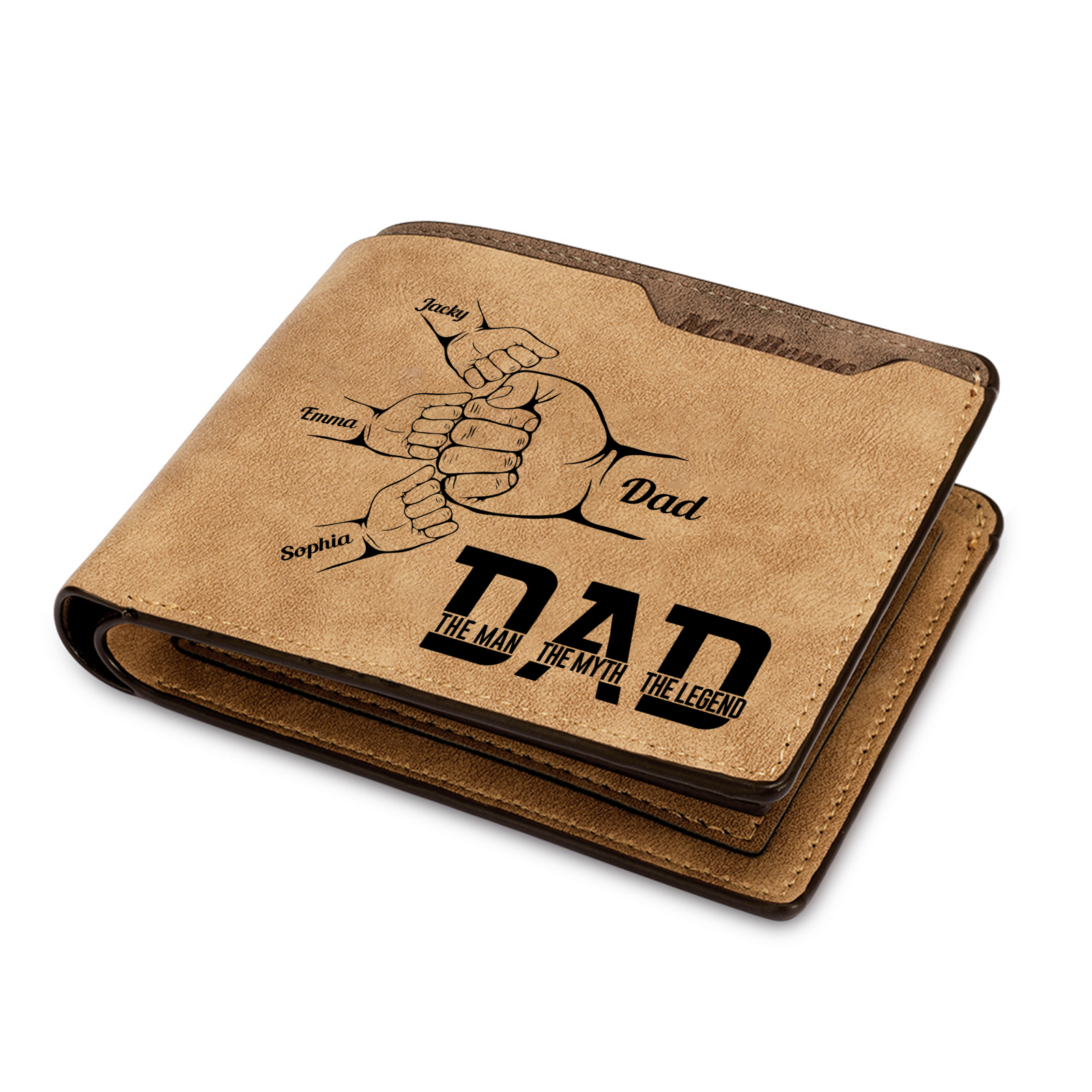 4 Names - Personalized Fist Bump Pattern Custom Name Leather Men's Wallet as a Father's Day Gift for Dad