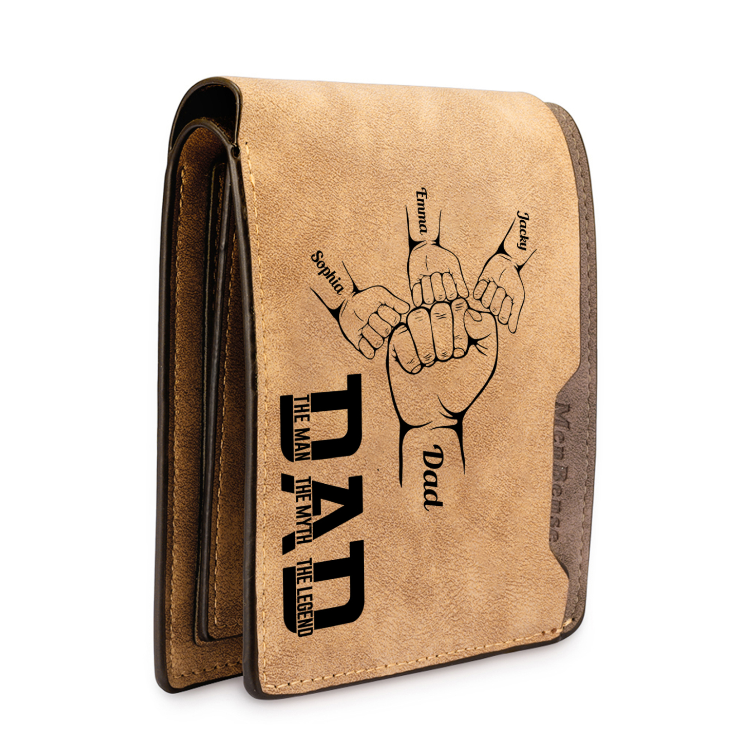 4 Names - Personalized Fist Bump Pattern Custom Name Leather Men's Wallet as a Father's Day Gift for Dad